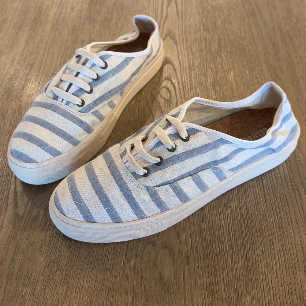NEW Anthropologie Soludos Blue and White Canvas Striped Platform Sneakers-Sze 11